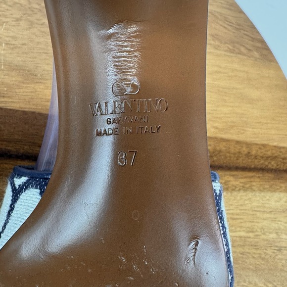 Womens Valentino Garavani Vlogo 50 Toile Navy Blue Heeled Slides Sandals Size 37 - Picture 8 of 10